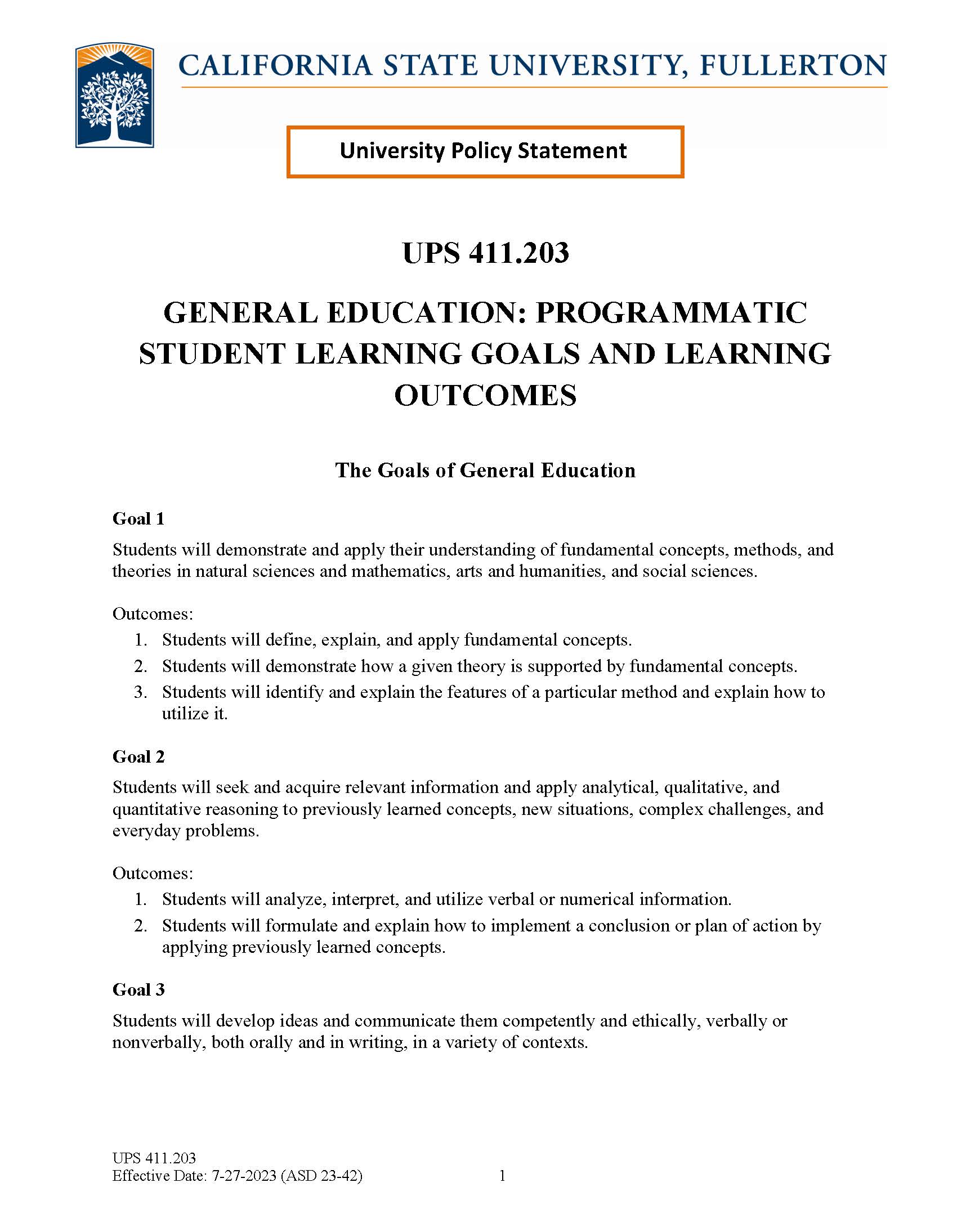 UPS 411.203 General Education Programmatic Student Learning Goals and Learning Outcomes Document