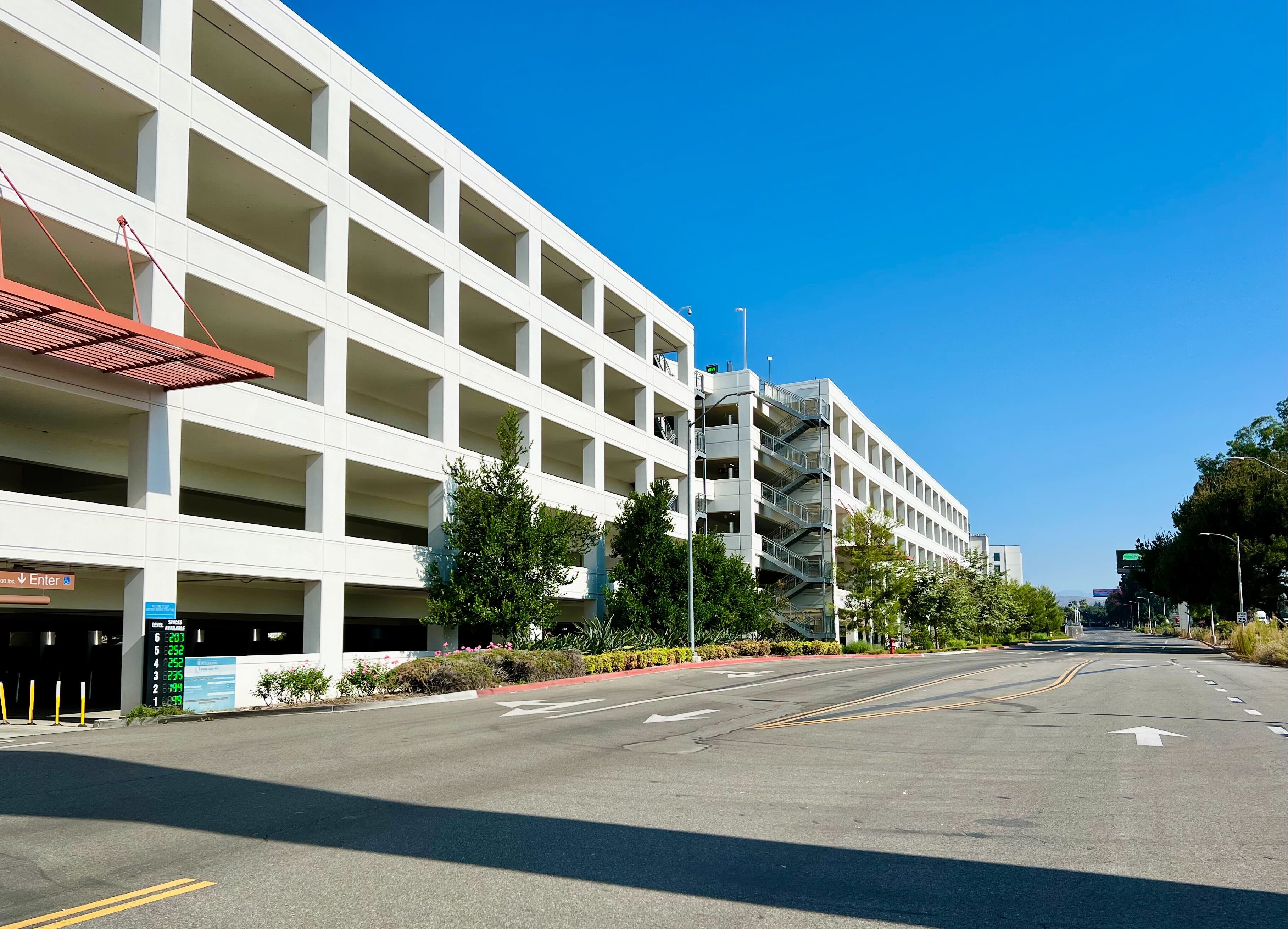 Two parking structures with entrance shown