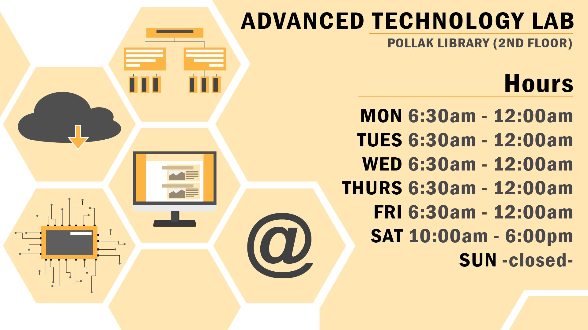 Digital Sign advertising the Advanced Technology Lab Hours