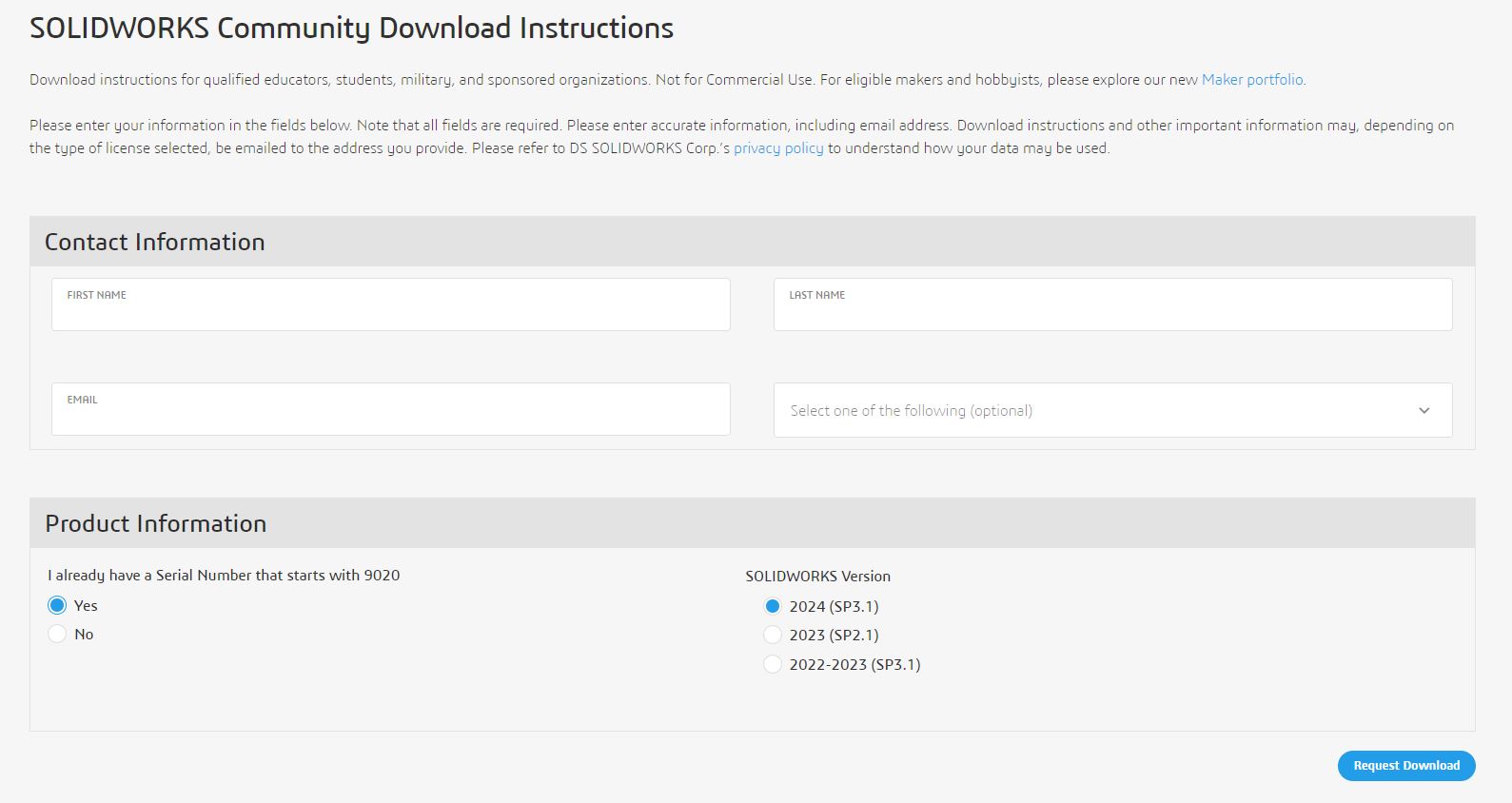 SolidWorks Download Form