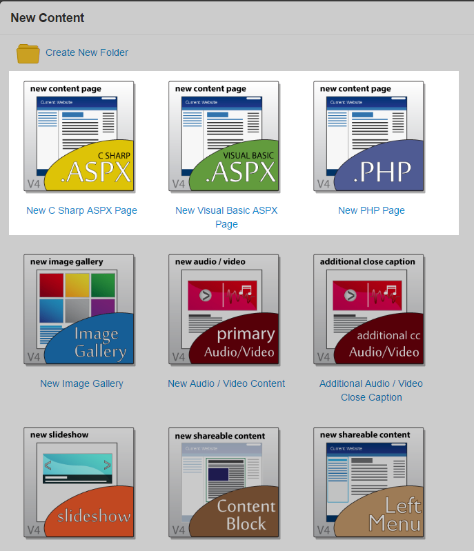 Choose a page type: C-sharp, visual basic, or php
