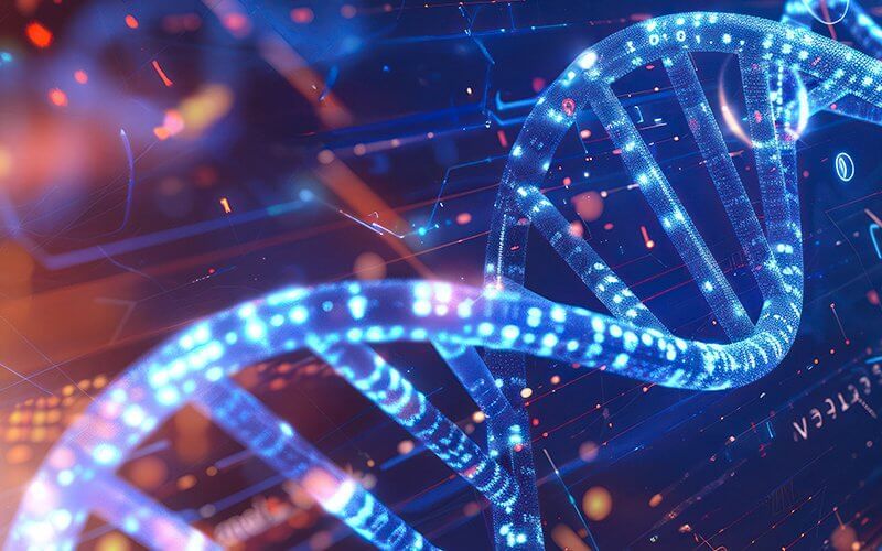 Futuristic depiction of DNA strand in a digital environment, symbolizing biotechnology advancements. (Courtesy of Adobe Stock/Zakiroff)