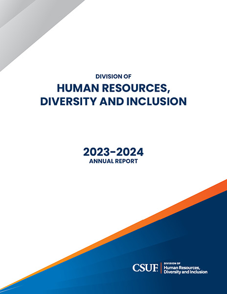 2023-24 HRDI annual report cover with gray triangle in upper left and blue and range triangle in lower right