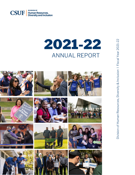 2021-22 HRDI annual report cover filled with grid of 12 photos of employees.