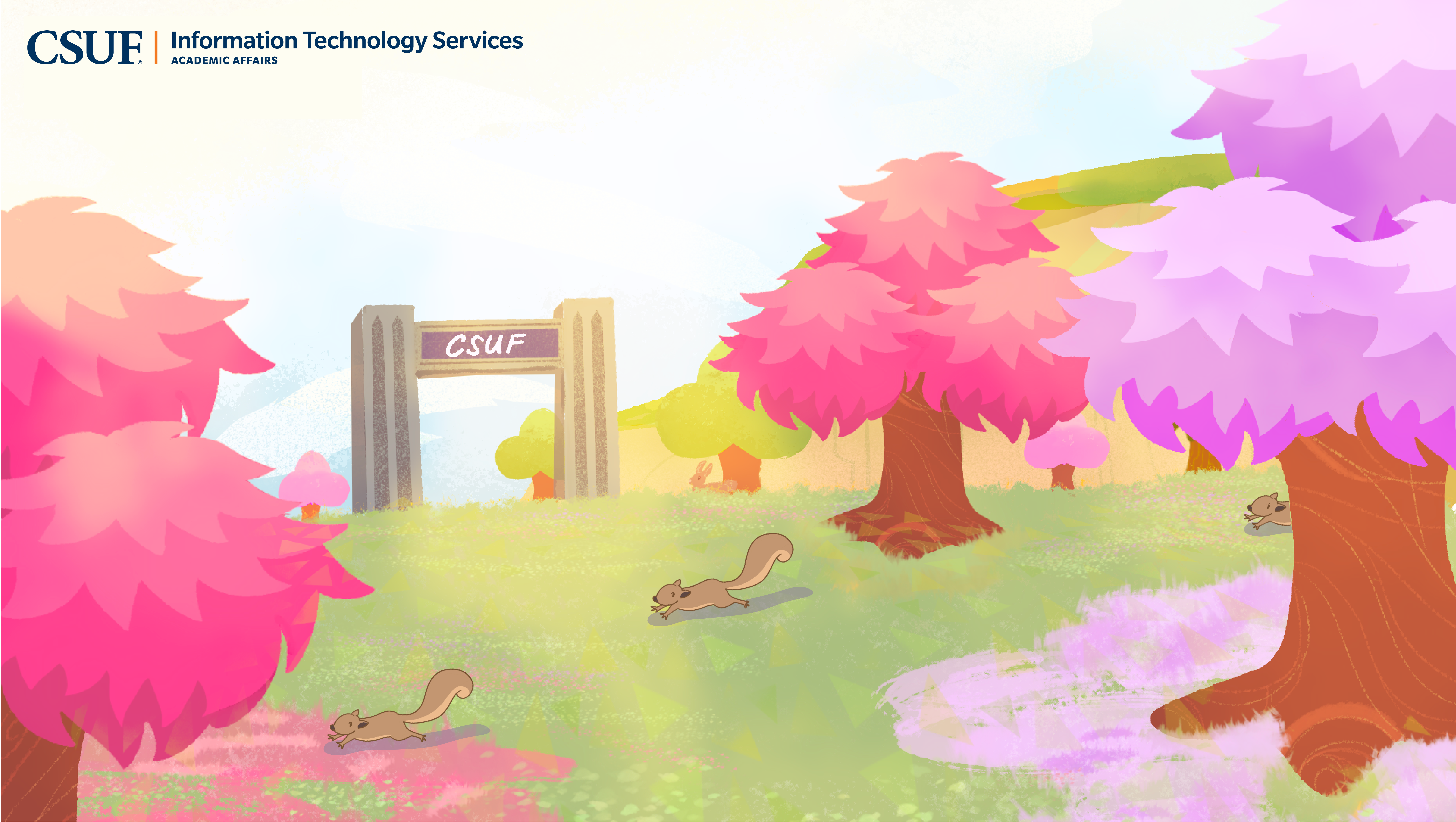 Dreamy meadow with pink, purple and green trees with a concrete arch that says CSUF