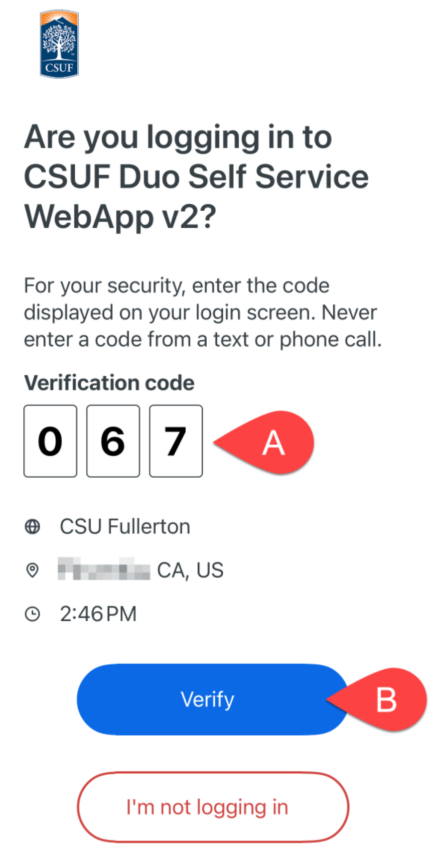 Enter 3 digit code into DUO app