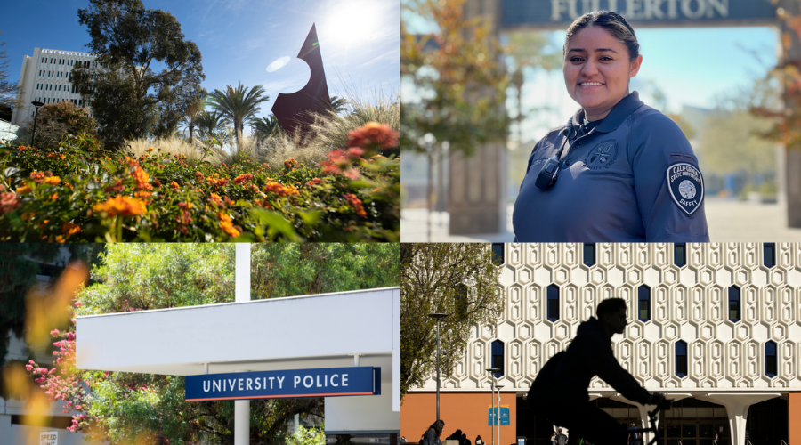 Four images in one box with CSUF imagery, a picture of the CSUF Police Department, and a campus safety specialist