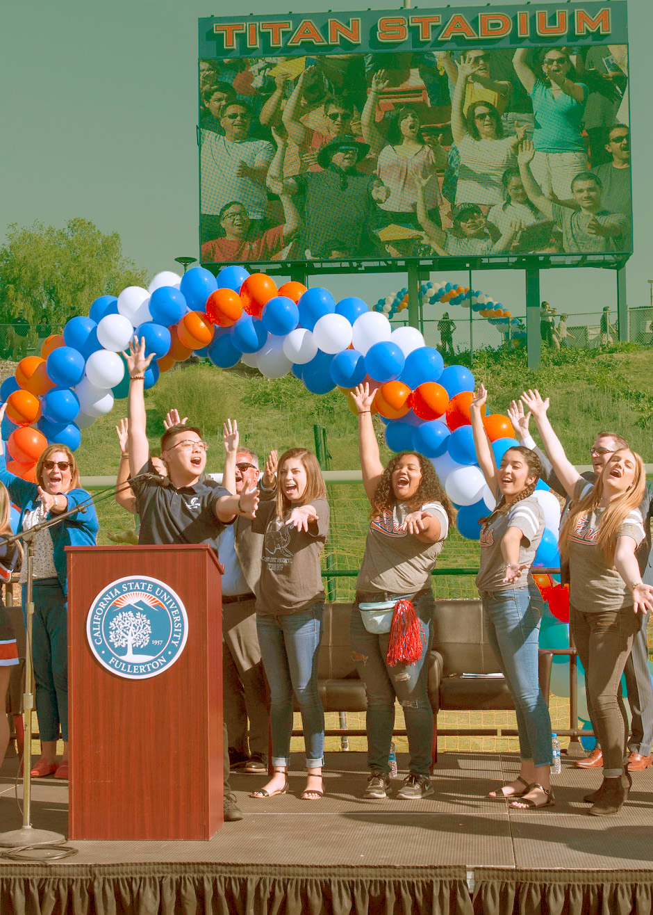 Students celebrating a CSUF event