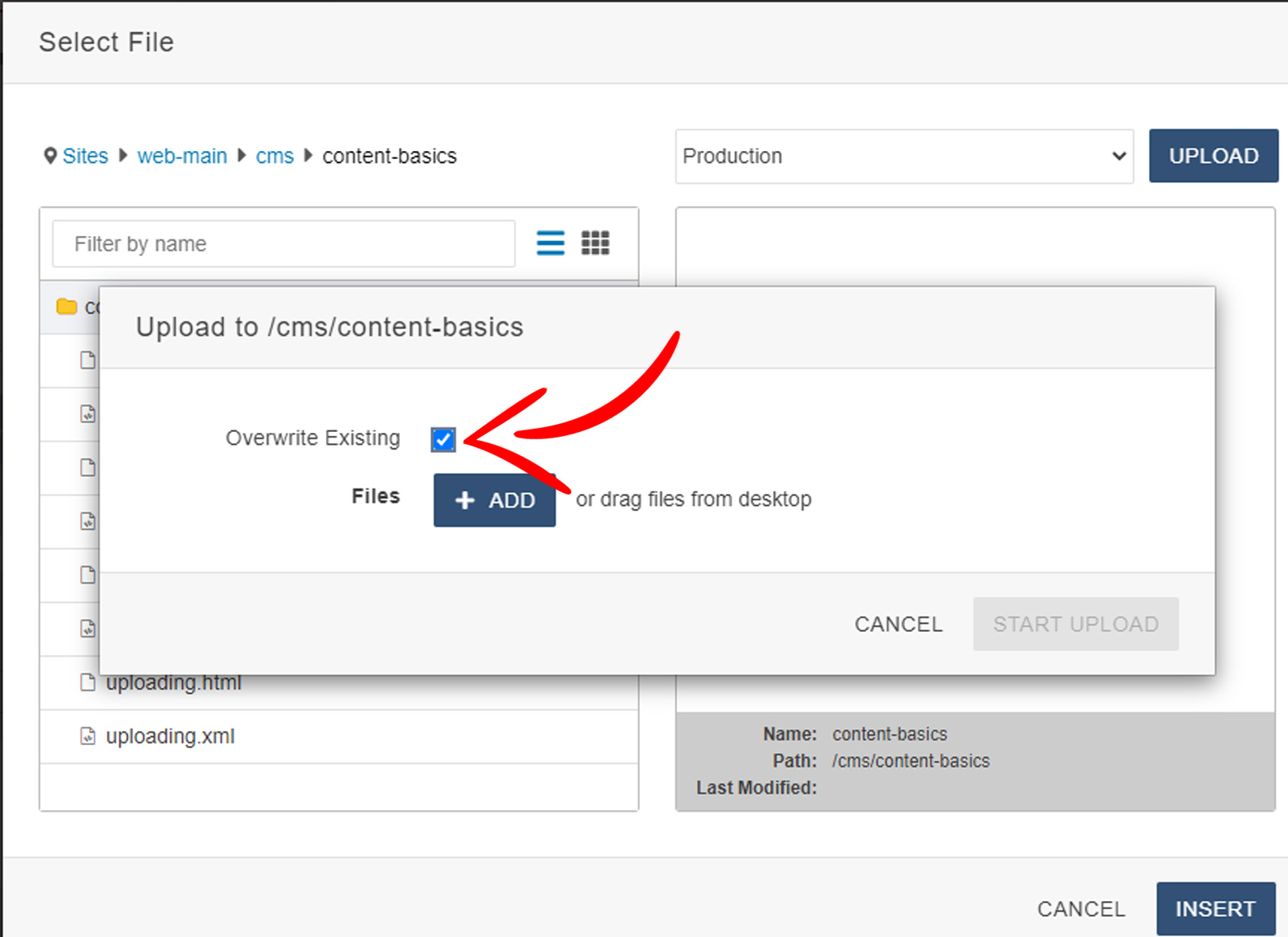 diagram showing where the overwrite existing checkbox is located