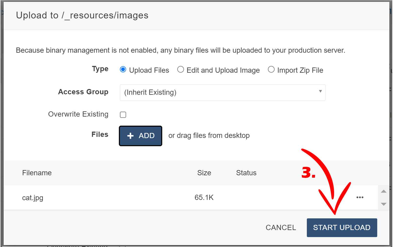 Diagram showing the start upload option after selecting images